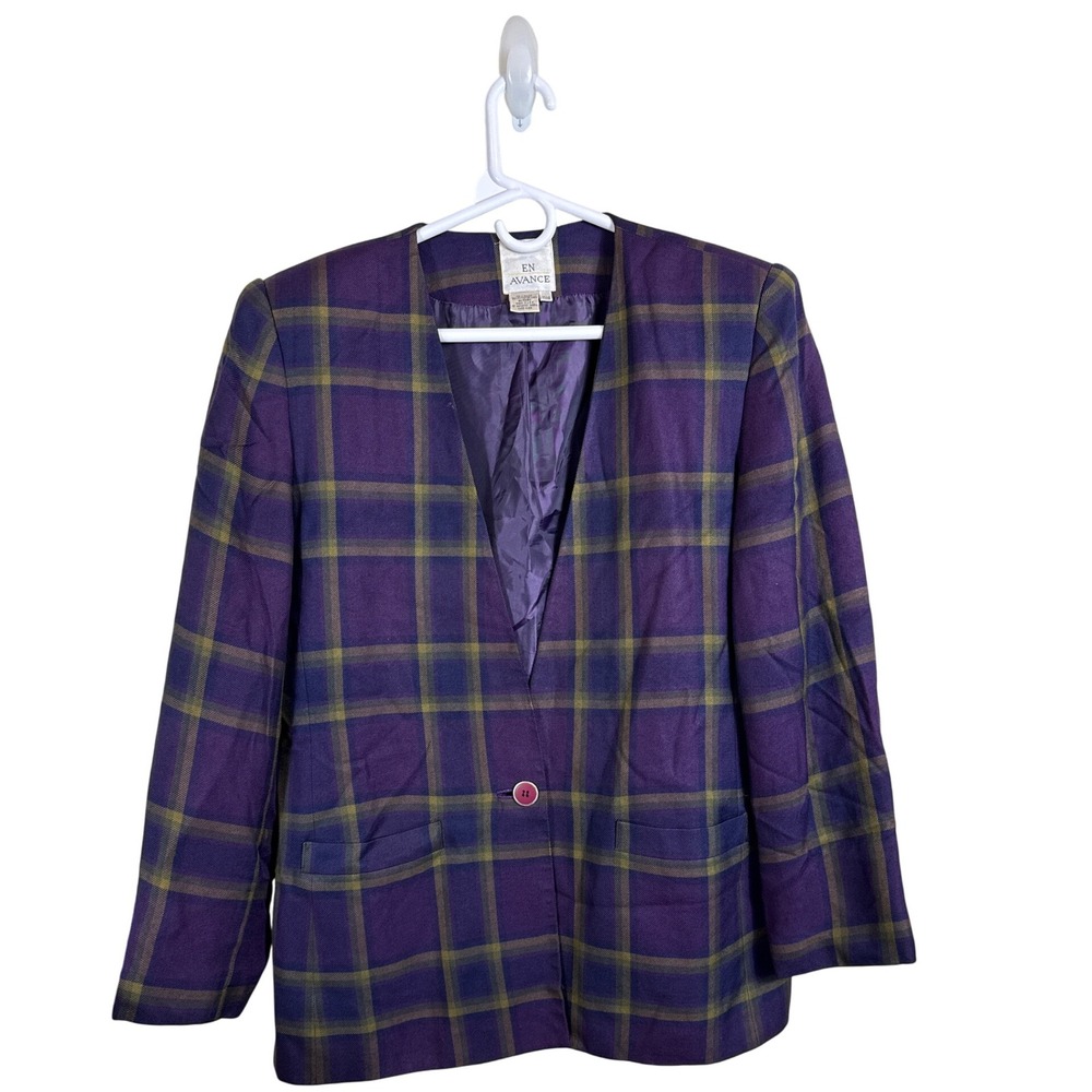 En Avance Vintage‎ Blazer Purple Plaid Rayon Women Size 11/12 Made in USA
